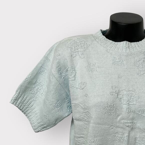 VTG 80s Fairy Kei NEW Short Sleeved Sweater USA Womens Floral sz PL Kawaii Blue - Picture 2 of 7